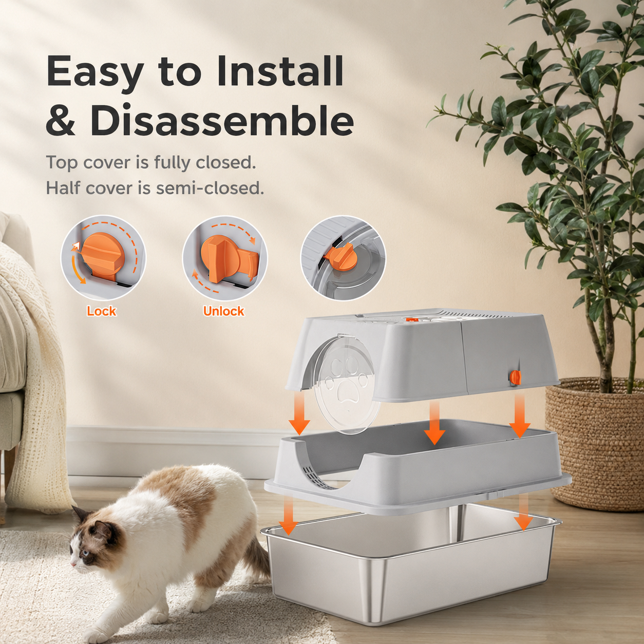 Light Grey Large Stainless Steel Cat Litter Box, Foldable Covered Cat Litter Tray with Square Top & Square Door, Front Entry Top Exit, Anti Tracking Mat, Scoop and Charcoal Filter
