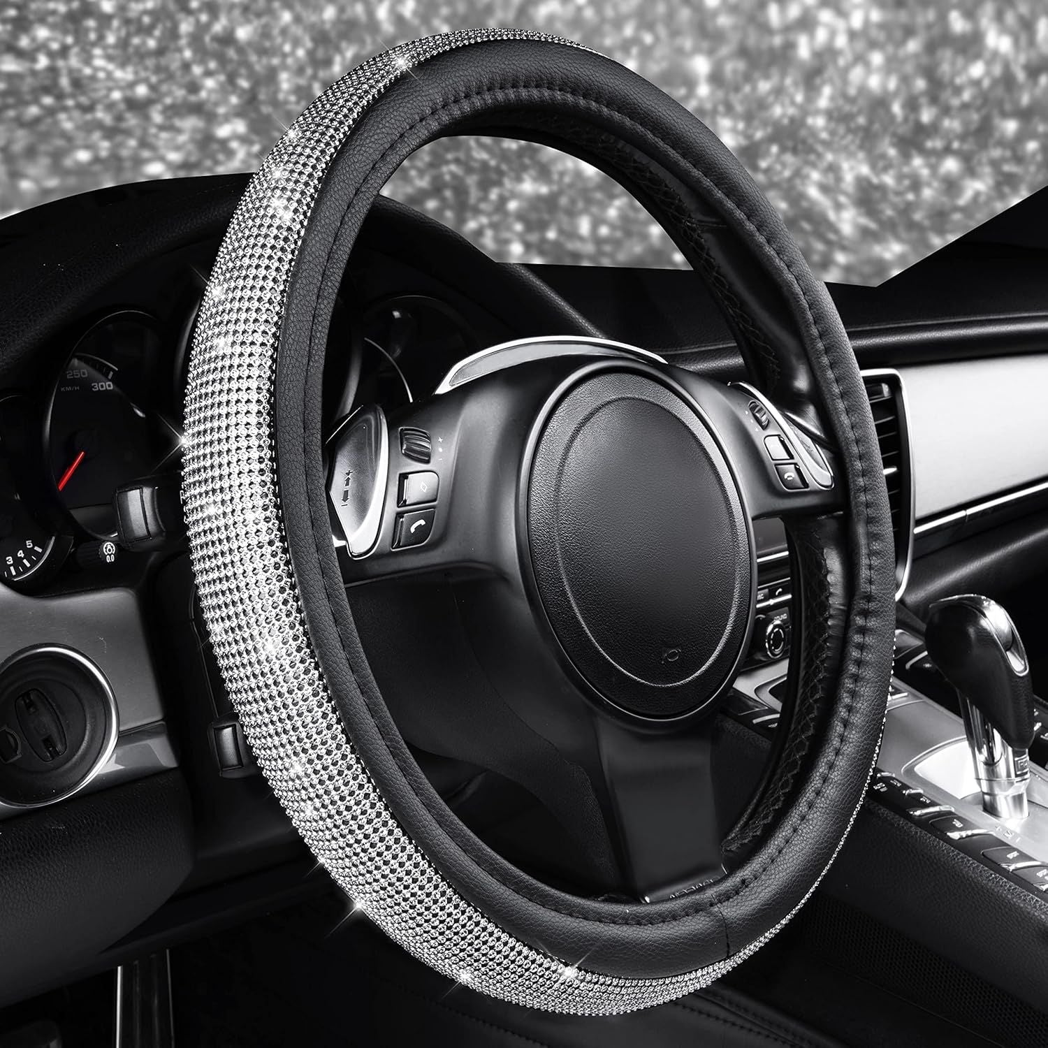 Bling Diamond Leather Steering Wheel Cover, with Bling Sparkly Crystal Glitter Rhinestones Universal Fit 14.5in-15in Car Wheel Protector for Women Girl Fit Suvs,Vans,Sedans,Car,Trucks, Silver