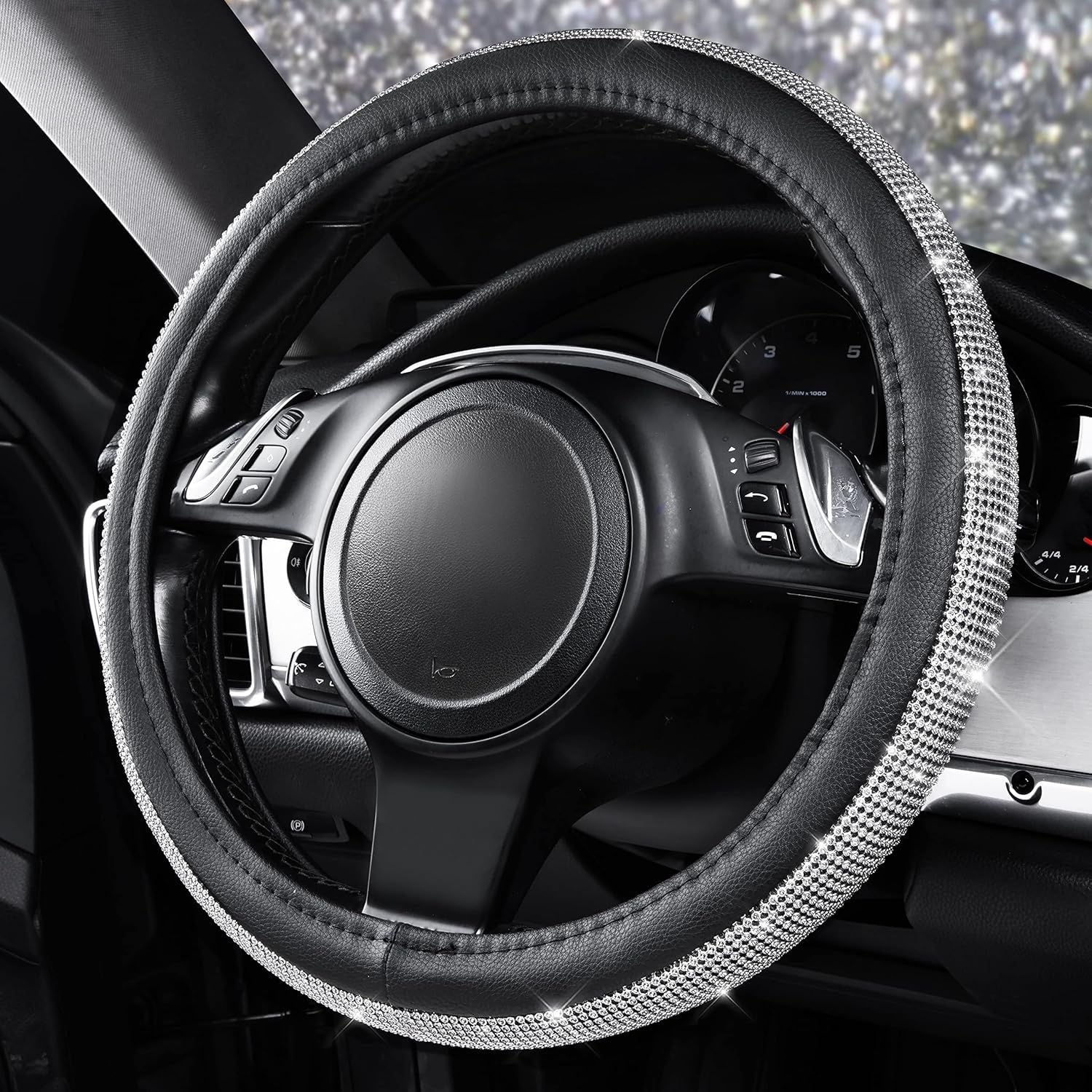 Bling Diamond Leather Steering Wheel Cover, with Bling Sparkly Crystal Glitter Rhinestones Universal Fit 14.5in-15in Car Wheel Protector for Women Girl Fit Suvs,Vans,Sedans,Car,Trucks, Silver