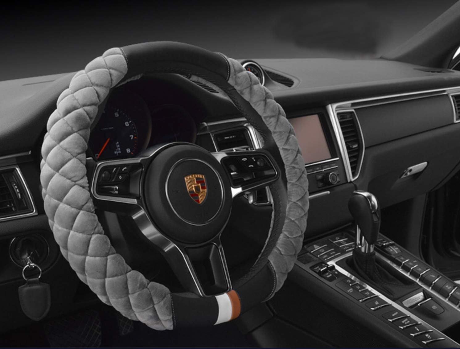 Luxury Fluffy Steering Wheel Cover for Men Women,Soft Warm Short Plush Steering Wheel Cover Gray Fuzzy with Universal 14.5-15 Inch