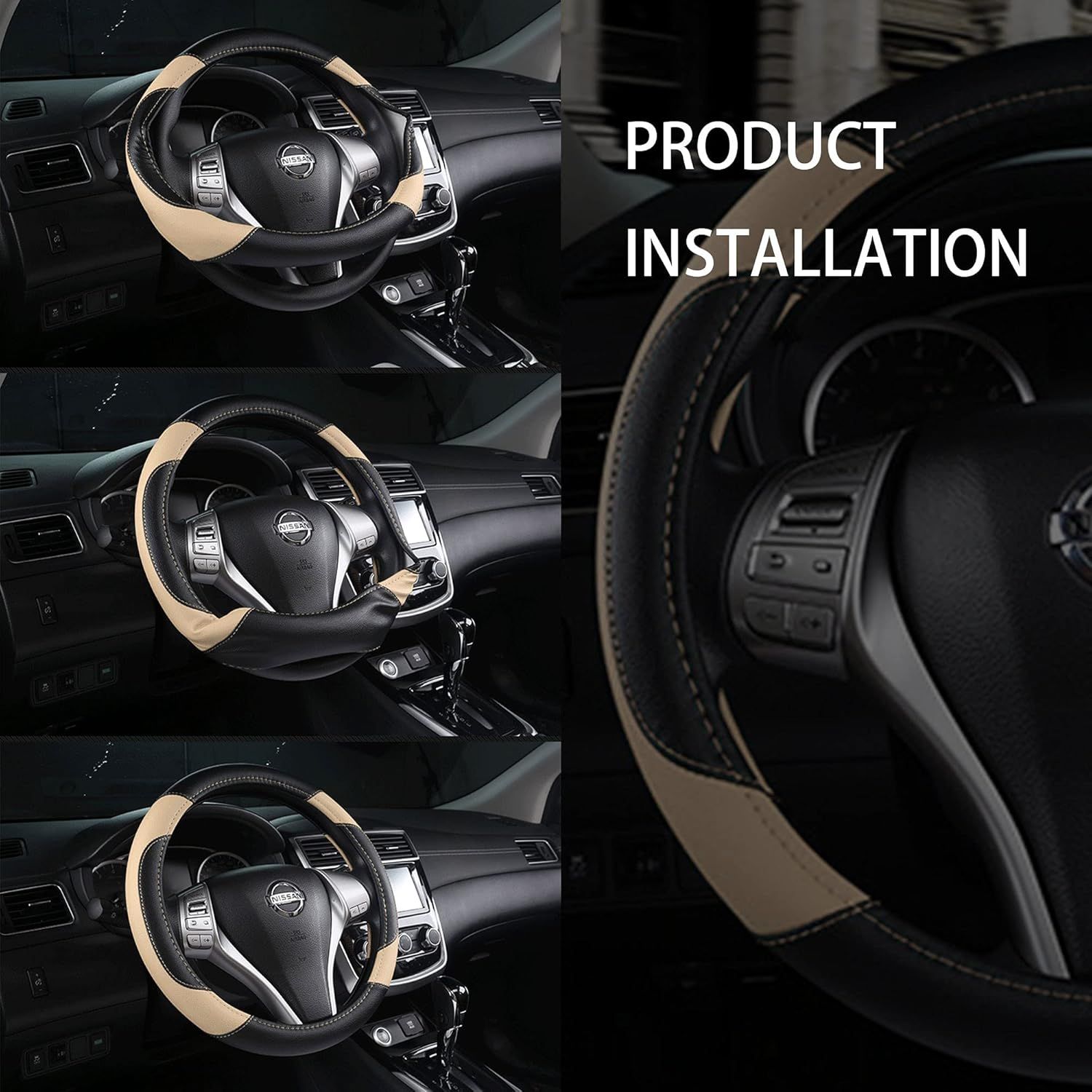Leather Car Steering Wheel Cover, Non-Slip Car Wheel Cover Protector Breathable Microfiber Leather Universal Fit for Most Cars(Beige)