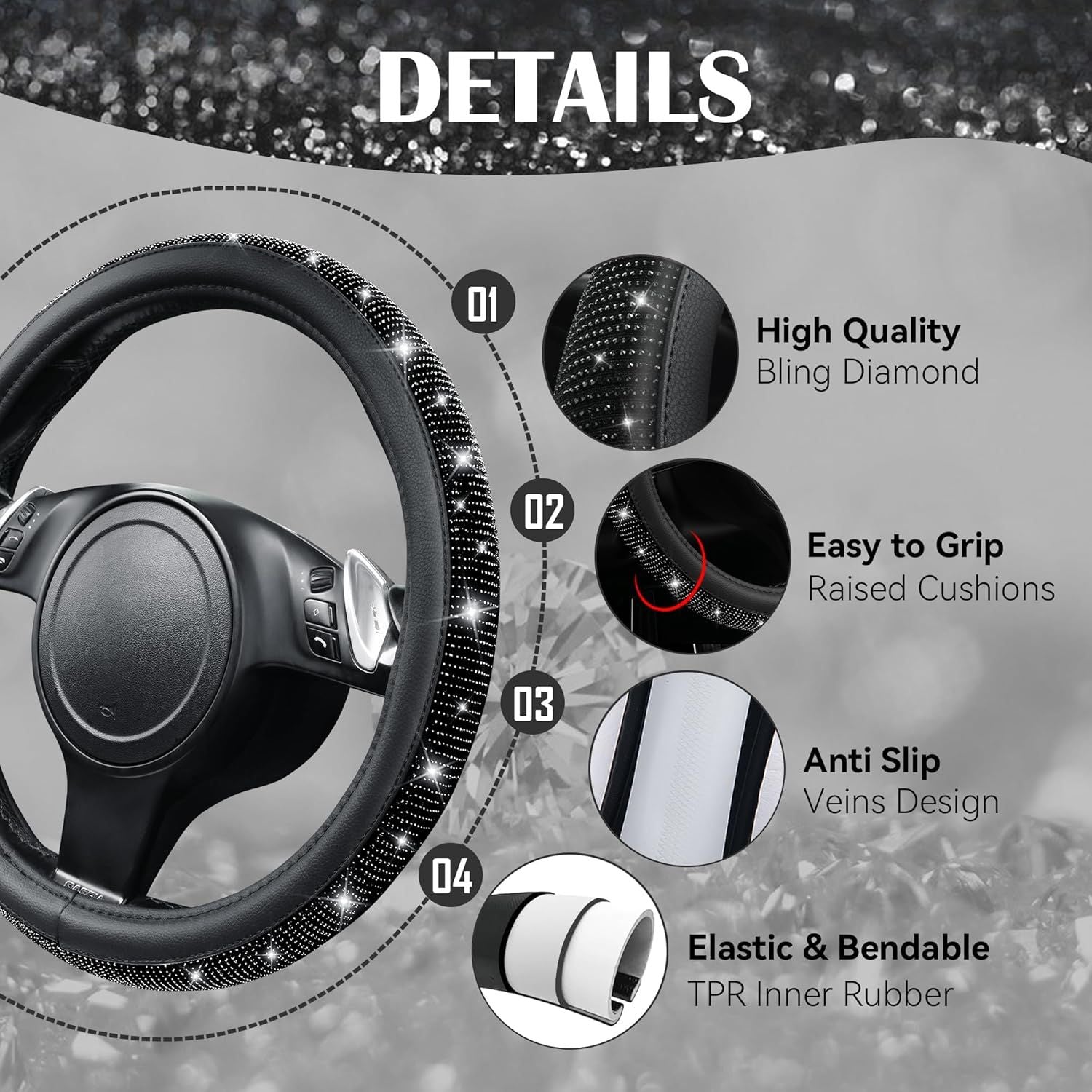 Bling Diamond Leather Steering Wheel Cover, With Sparkly Crystal Glitter Rhinestones Universal Fit 14"1/2-15" Car Wheel Protector for Women Girl Fit Suvs,Vans,Sedans,Car,Trucks, Black Diamond