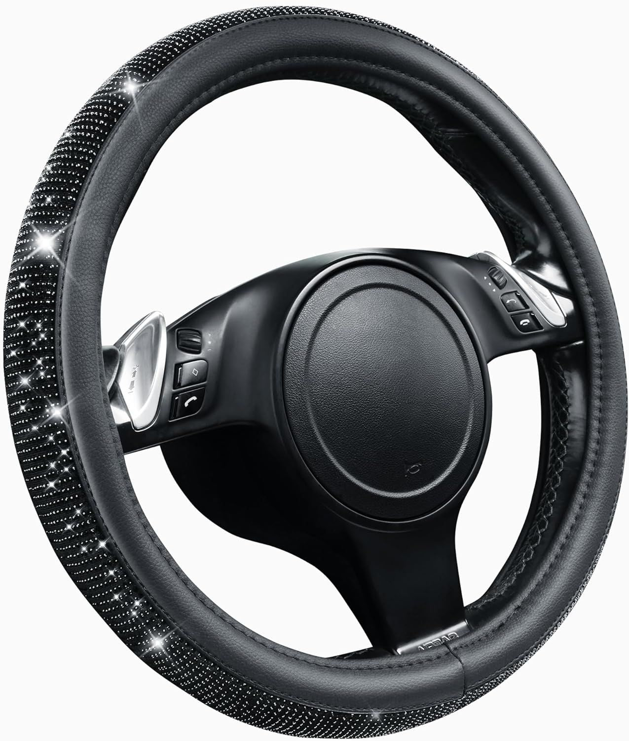 Bling Diamond Leather Steering Wheel Cover, With Sparkly Crystal Glitter Rhinestones Universal Fit 14"1/2-15" Car Wheel Protector for Women Girl Fit Suvs,Vans,Sedans,Car,Trucks, Black Diamond