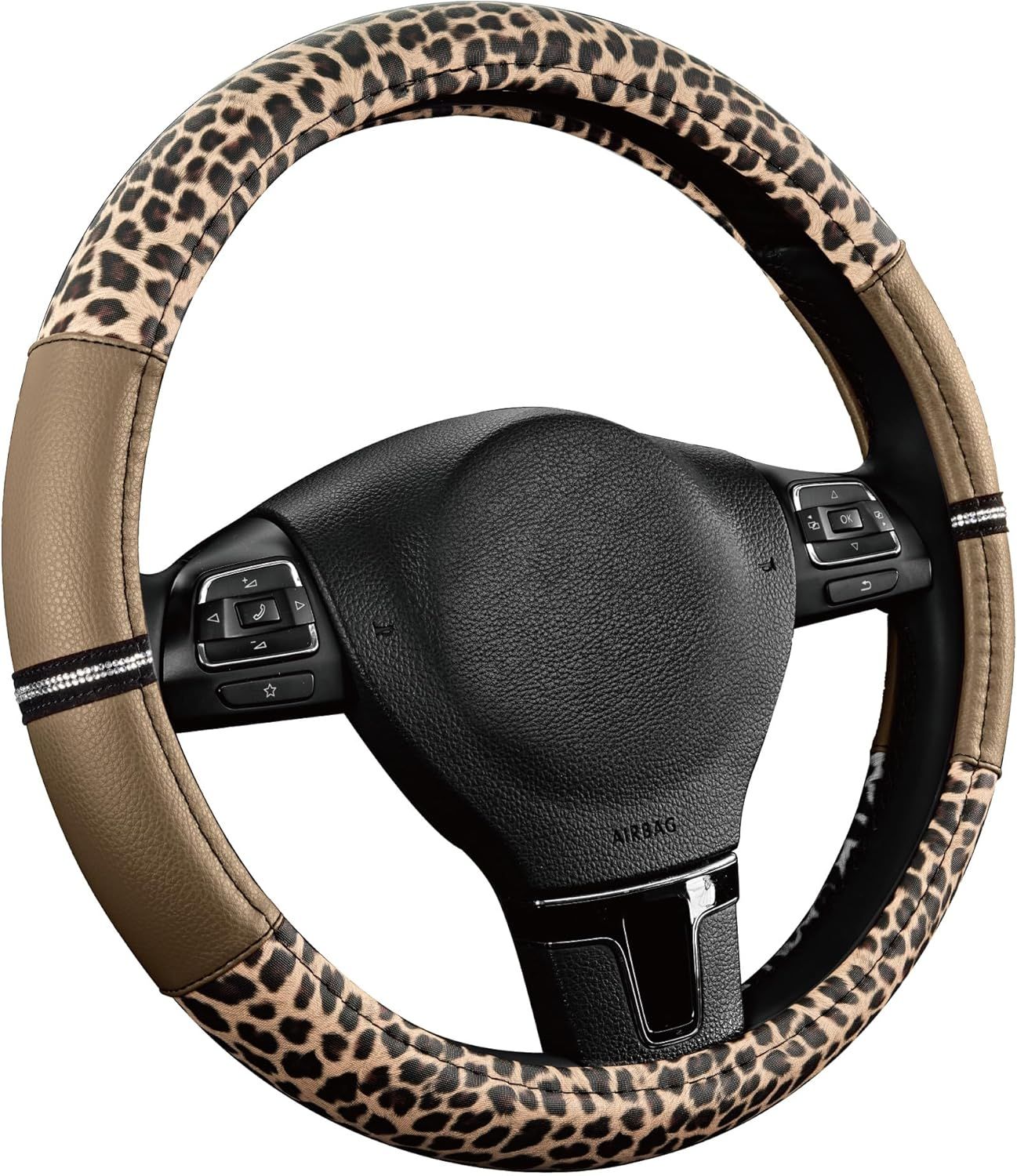 Leopard Steering Wheel Cover for Women, Cute Anti-Slip Microfiber Leather, Universal Fit 14.5-15 Inch Round Steering Wheel - Beige