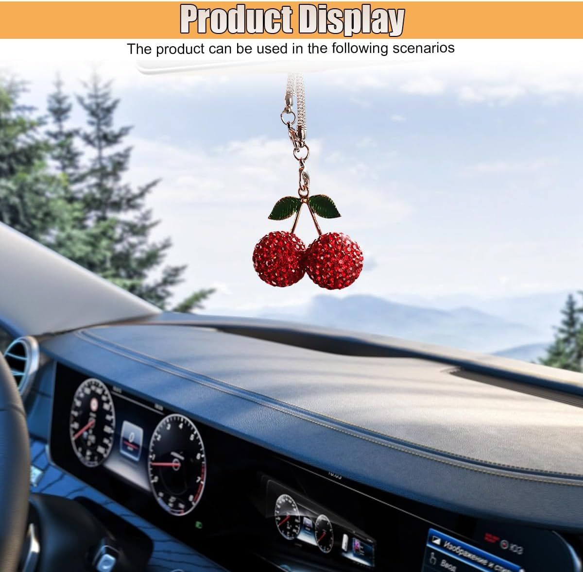 Bling Cherry Car Rear View Mirror Charm, Sparkly Rhinestones Automotive Decoration Pendant, Cute Vehicle Interior Hanging Ornament, Lucky Present for Women, Girl (Red)