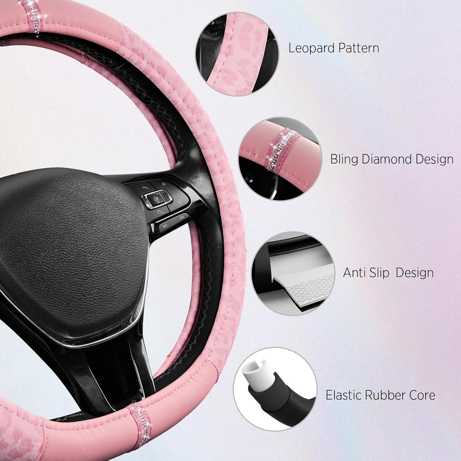 Leopard Steering Wheel Cover for Women, Cute Anti-Slip Microfiber Leather, Fits D Shape Flat Bottom Steering Wheel 14.5-15 Inch - Pink and Pink Leapoard