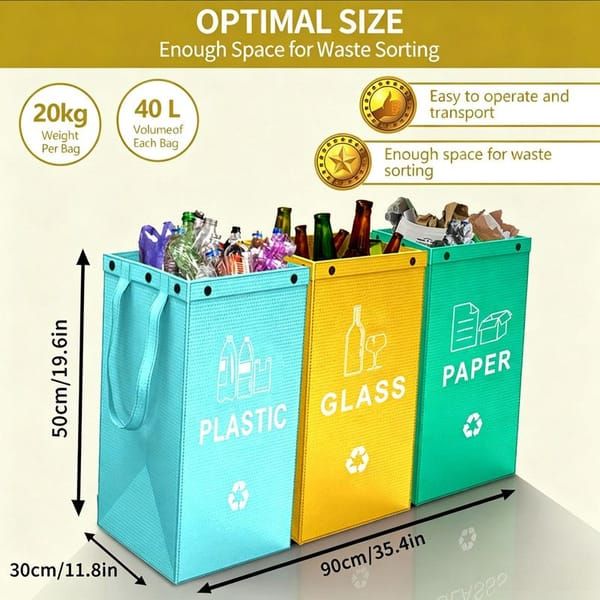 Collapsible Recycling Bags 40L, Waterproof Reusable Laminated Waste Sorting Bins with Carry Handles, Plastic Cyan & Paper Black 2‑Pack for Home Kitchen Camping Indoor Outdoor Recycling
