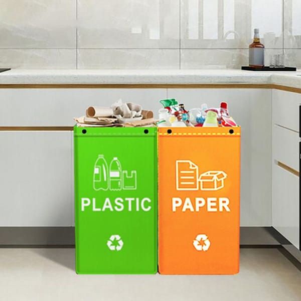 Collapsible Recycling Bags 40L, Waterproof Reusable Laminated Waste Sorting Bins with Carry Handles, Green Plastic & Orange Paper 2‑Pack for Home Kitchen Indoor Recycling