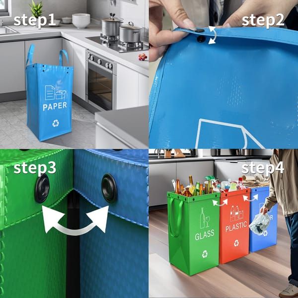 Collapsible Recycling Bags 40L, Waterproof Reusable Laminated Waste Sorting Bins with Carry Handles, Green Plastic & Orange Paper 2‑Pack for Home Kitchen Indoor Recycling