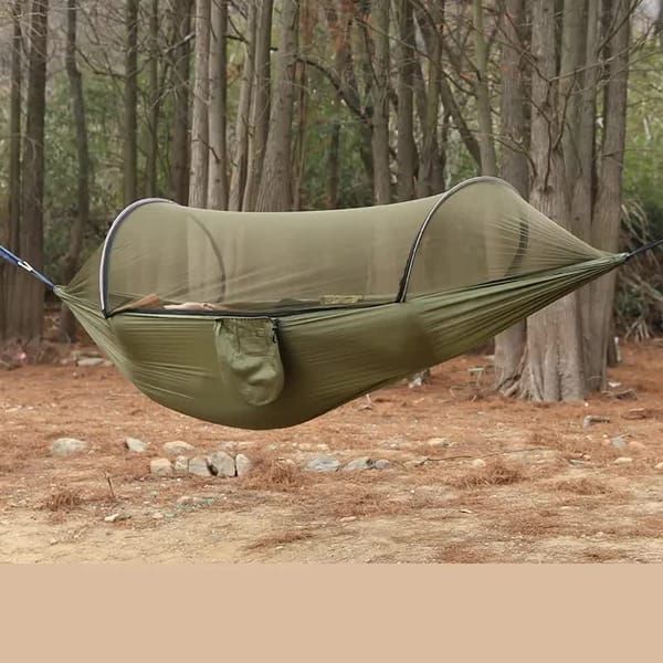 Military‑Green Outdoor Camping Hammock with Mosquito Net, Anti‑Tipping Nylon Fabric, Quick Setup Hammock for Single & Double Person