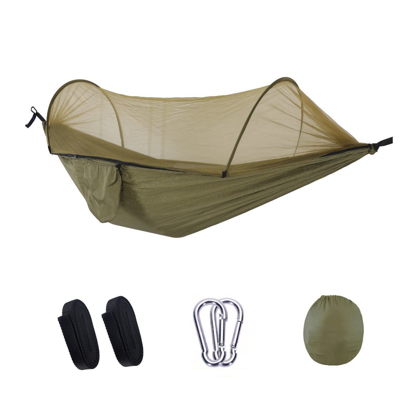 Military‑Green Outdoor Camping Hammock with Mosquito Net, Anti‑Tipping Nylon Fabric, Quick Setup Hammock for Single & Double Person