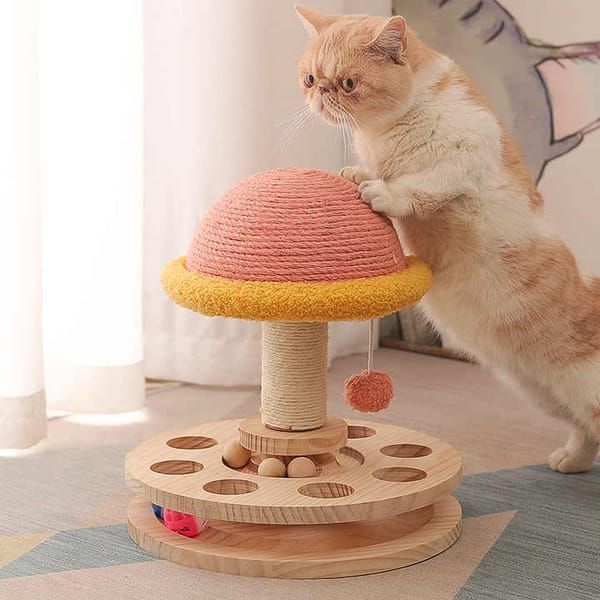 Large Pink Interactive Cat Scratching Post with Ball Track, Fun Mushroom‑Shaped Cat Toy for Playing, Scratching & Entertainment