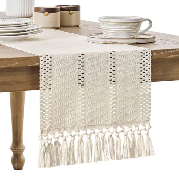 Table Runner, Boho‑Style Woven Table Runner with Knotted Tassels, Farmhouse Home Table Decor, White, 30 × 240 cm