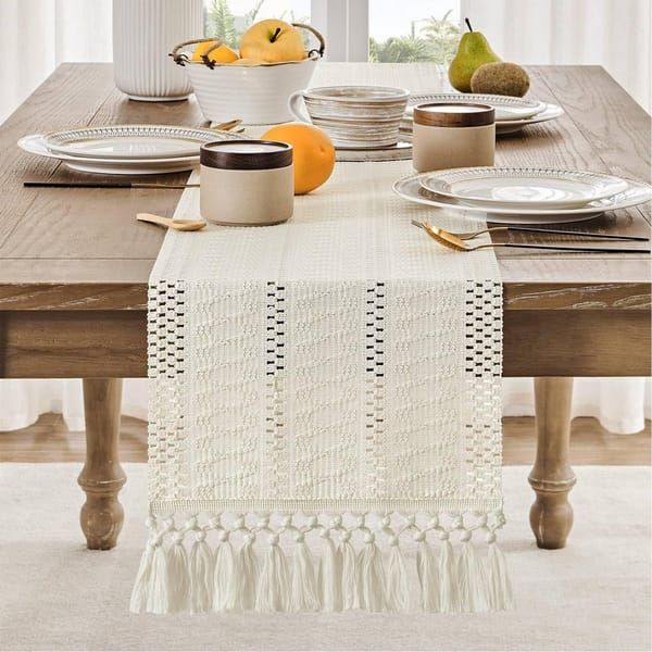 Table Runner, Boho‑Style Woven Table Runner with Knotted Tassels, Farmhouse Home Table Decor, White, 30 × 240 cm