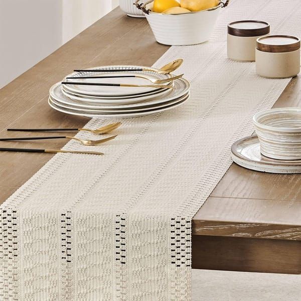 Table Runner, Boho‑Style Woven Table Runner with Knotted Tassels, Farmhouse Home Table Decor, White, 30 × 240 cm