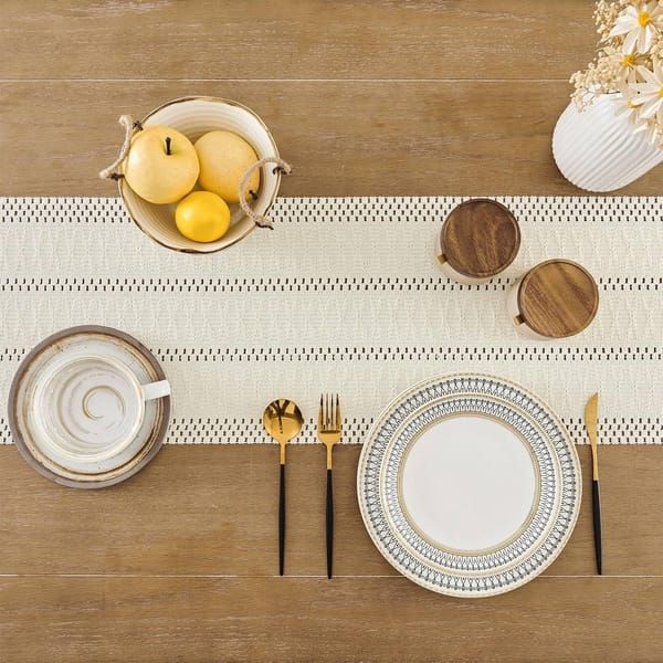 Table Runner, Boho‑Style Woven Table Runner with Knotted Tassels, Farmhouse Home Table Decor, White, 30 × 240 cm