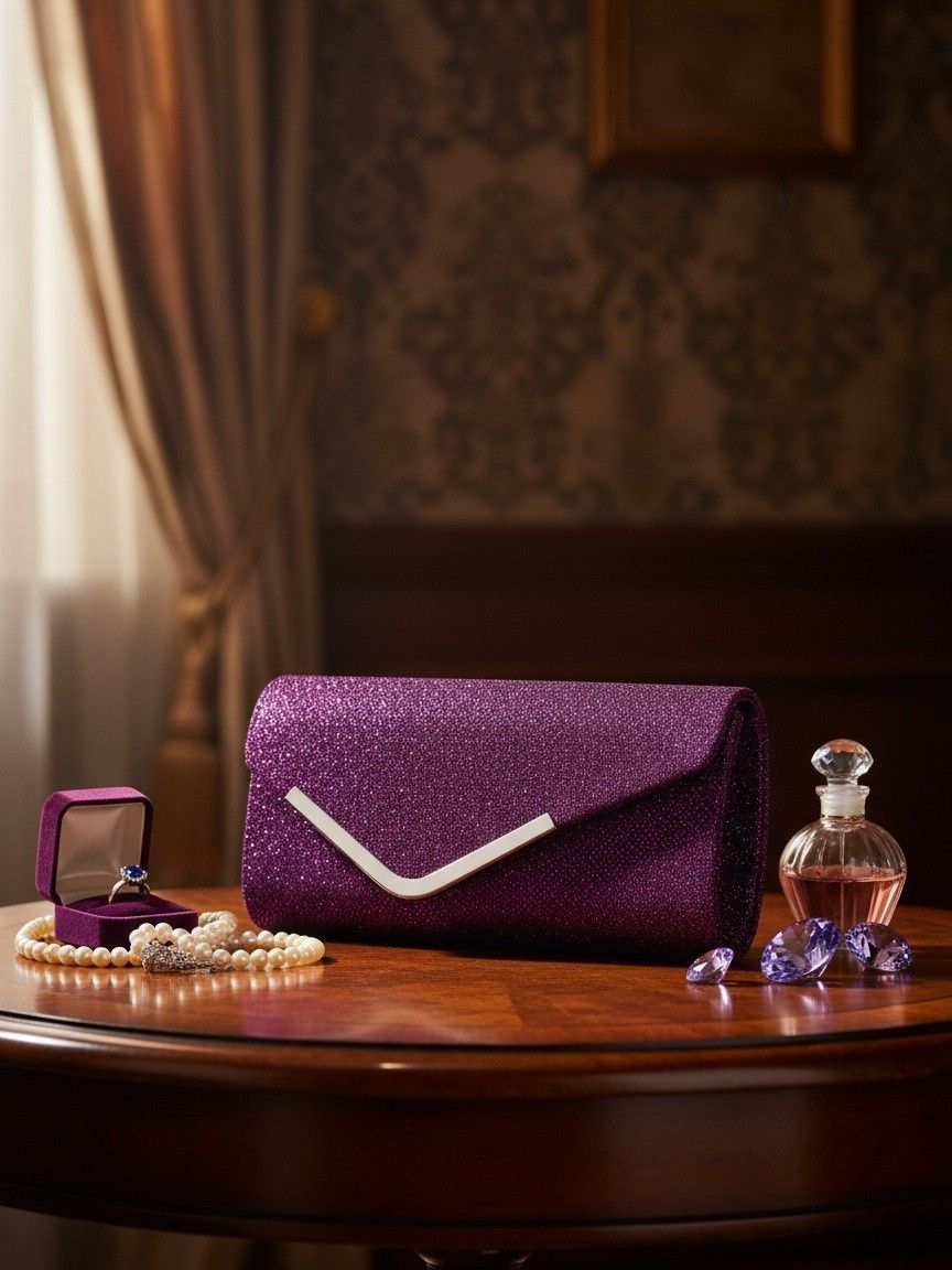 Women Fashion Wedding Evening Clutch Bag, V‑Shaped Metal Trim Versatile Chain Formal Party Handbag for Prom Banquet, Purple