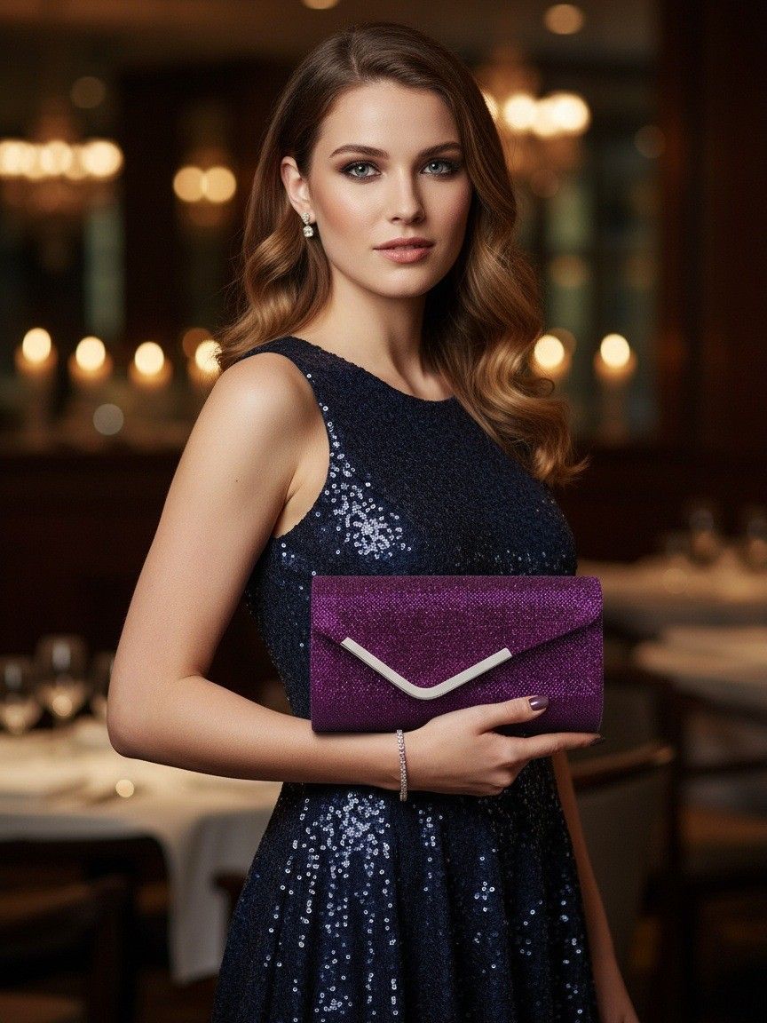 Women Fashion Wedding Evening Clutch Bag, V‑Shaped Metal Trim Versatile Chain Formal Party Handbag for Prom Banquet, Purple
