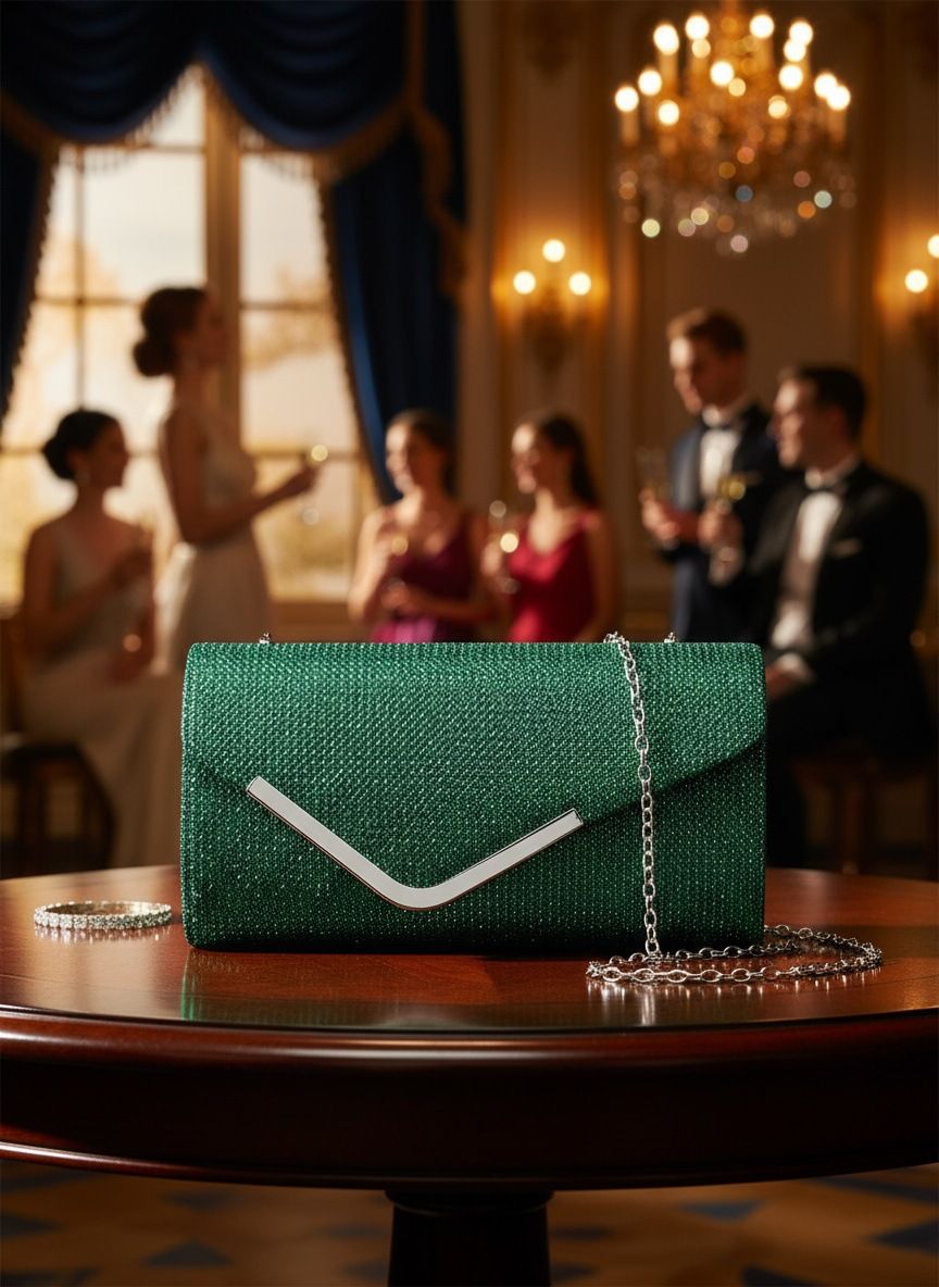 Women Fashion Wedding Evening Clutch Bag, V‑Shaped Metal Trim Versatile Chain Formal Party Handbag for Prom Banquet, Green
