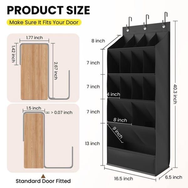 Over The Door Shoe Organizer, 15 Large Pockets Hanging Shoe Storage Bag, Space Saving Door Hanging Organizer for Shoes & Home Accessories, Black