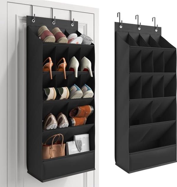 Over The Door Shoe Organizer, 15 Large Pockets Hanging Shoe Storage Bag, Space Saving Door Hanging Organizer for Shoes & Home Accessories, Black