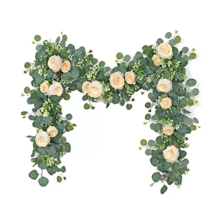 2 Pack Artificial Champagne Peony Flower Garlands, 1.8M Floral Vine with Baby's Breath & Eucalyptus Leaves, Hanging Fake Greenery for Wedding Arch, Home Doorway & Party Decor