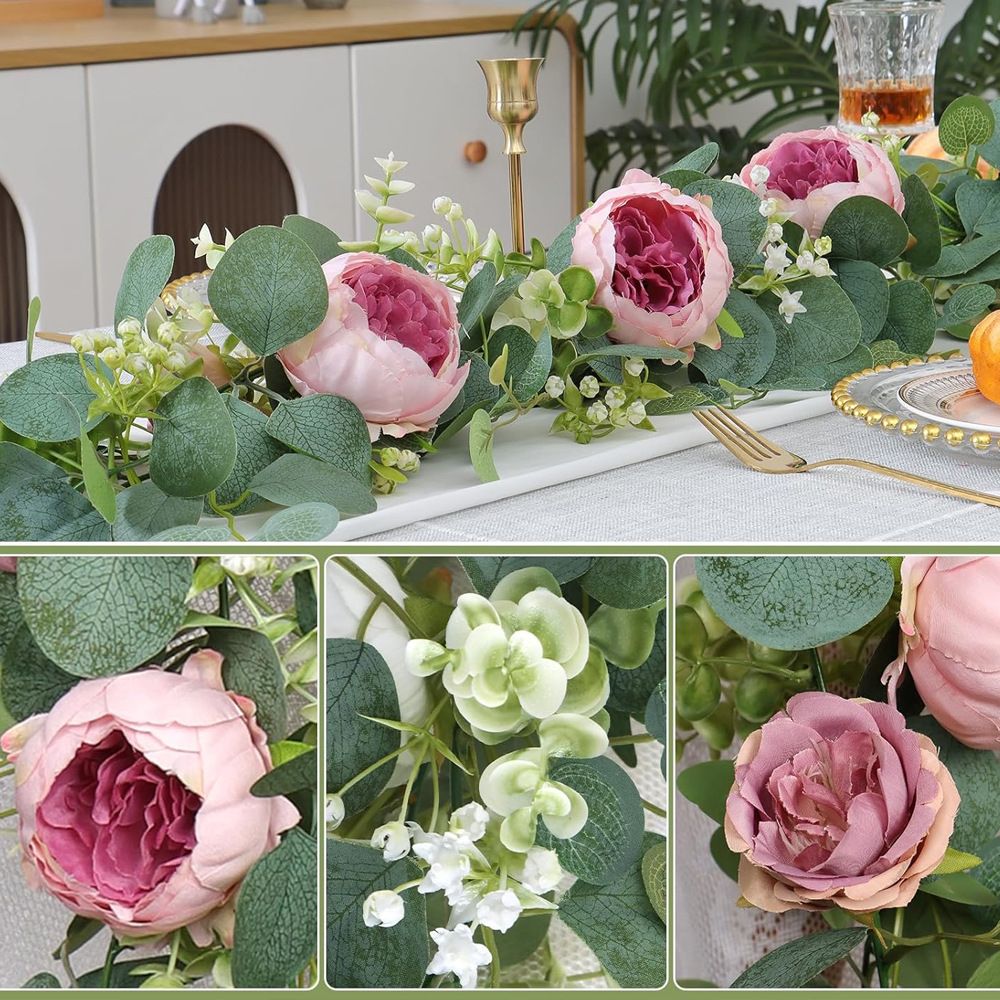 2 Pack Artificial Champagne Peony Flower Garlands, 1.8M Floral Vine with Baby's Breath & Eucalyptus Leaves, Hanging Fake Greenery for Wedding Arch, Home Doorway & Party Decor
