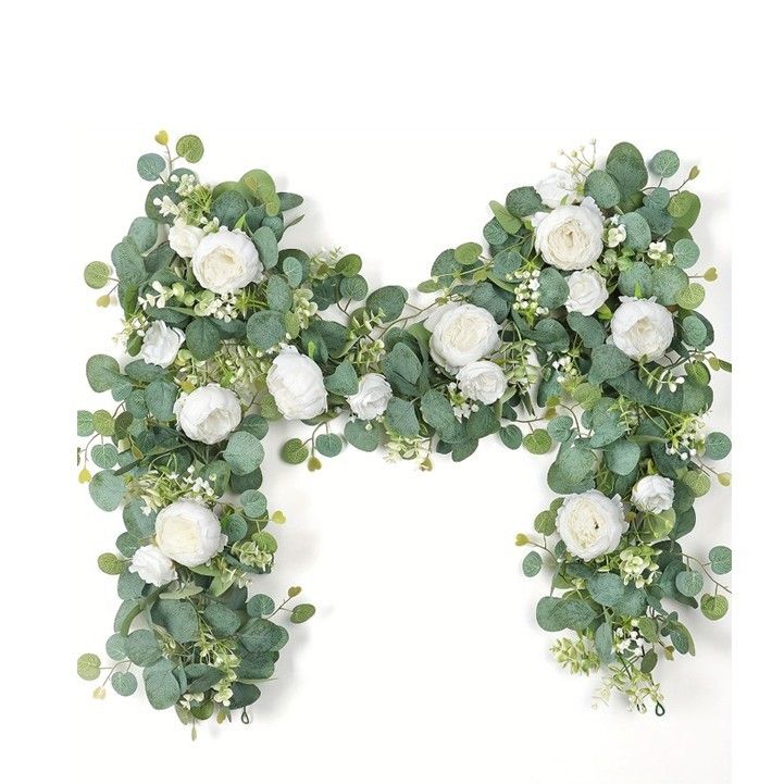 2 Pack Artificial Champagne Peony Flower Garlands, 1.8M Floral Vine with Baby's Breath & Eucalyptus Leaves, Hanging Fake Greenery for Wedding Arch, Home Doorway & Party Decor