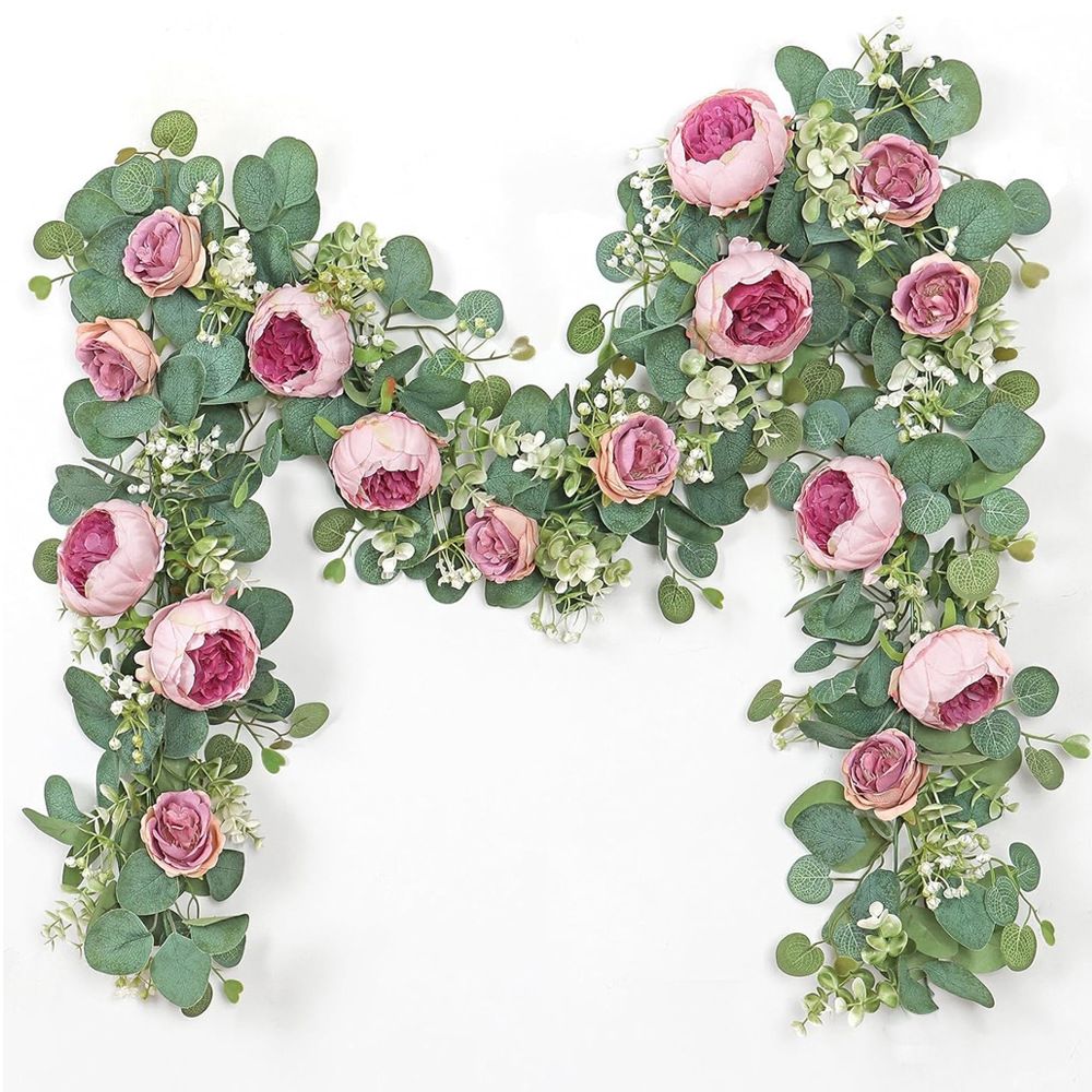 2 Pack Artificial Champagne Peony Flower Garlands, 1.8M Floral Vine with Baby's Breath & Eucalyptus Leaves, Hanging Fake Greenery for Wedding Arch, Home Doorway & Party Decor