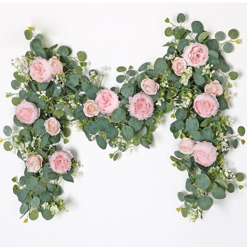 2 Pack Artificial Champagne Peony Flower Garlands, 1.8M Floral Vine with Baby's Breath & Eucalyptus Leaves, Hanging Fake Greenery for Wedding Arch, Home Doorway & Party Decor