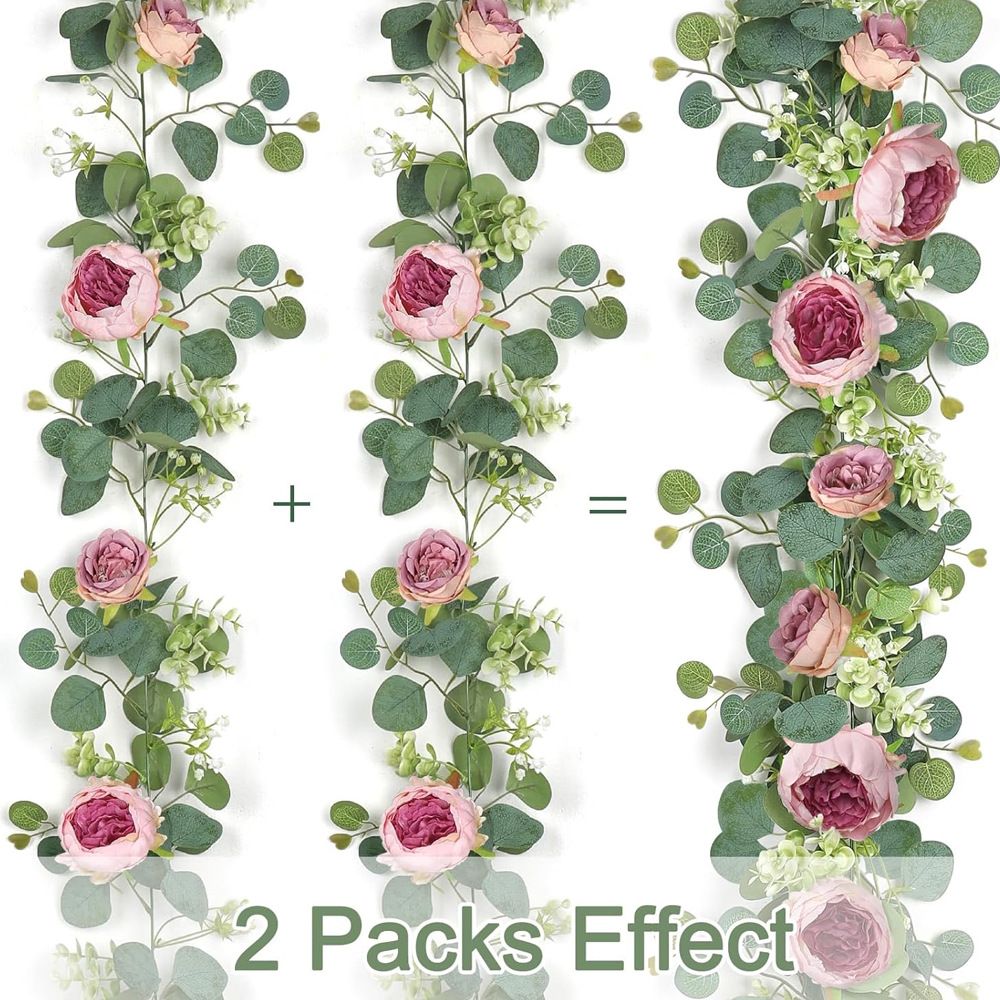 2 Pack Artificial Champagne Peony Flower Garlands, 1.8M Floral Vine with Baby's Breath & Eucalyptus Leaves, Hanging Fake Greenery for Wedding Arch, Home Doorway & Party Decor