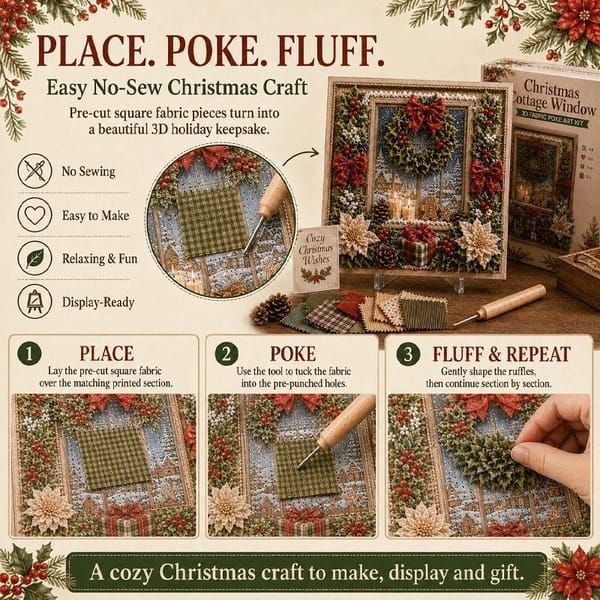 Santa Claus 3D Fabric Poke Art Kit, 20 x 20cm No Sew DIY Handcraft Set, Pre-Cut Fabric & Punch Tools Included, Xmas Decor & Gift Making Activity