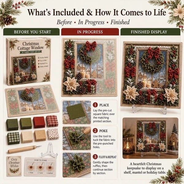 Cardinal 3D Fabric Poke Art Kit, 20 x 20cm No Sew DIY Handcraft Set, Pre-Cut Fabric & Punch Tools Included, Xmas Decor & Gift Making Activity