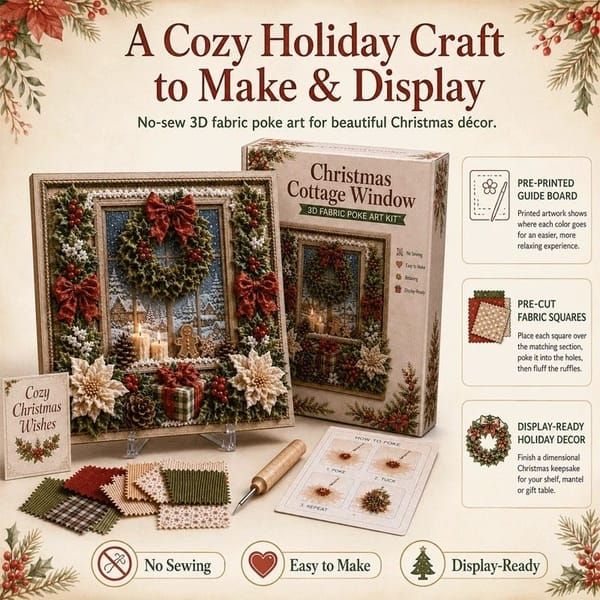 Christmas Tree Gift 3D Fabric Poke Art Kit, 20 x 20cm No Sew DIY Handcraft Set, Pre-Cut Fabric & Punch Tools Included, Xmas Decor & Gift Making Activity