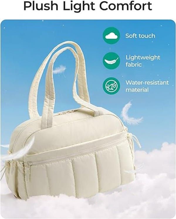 Puffer Duffle Bag with Wet Compartment Compact Weekender Sports Travel Bag Beige 40x20x28cm