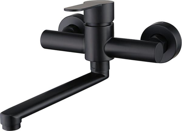 Black Wall Mounted Kitchen & Bathroom Tap, Stainless Steel Single Lever Basin Faucet with Swivel Spout, 26 × 11 CM Wall Mount Water Tap