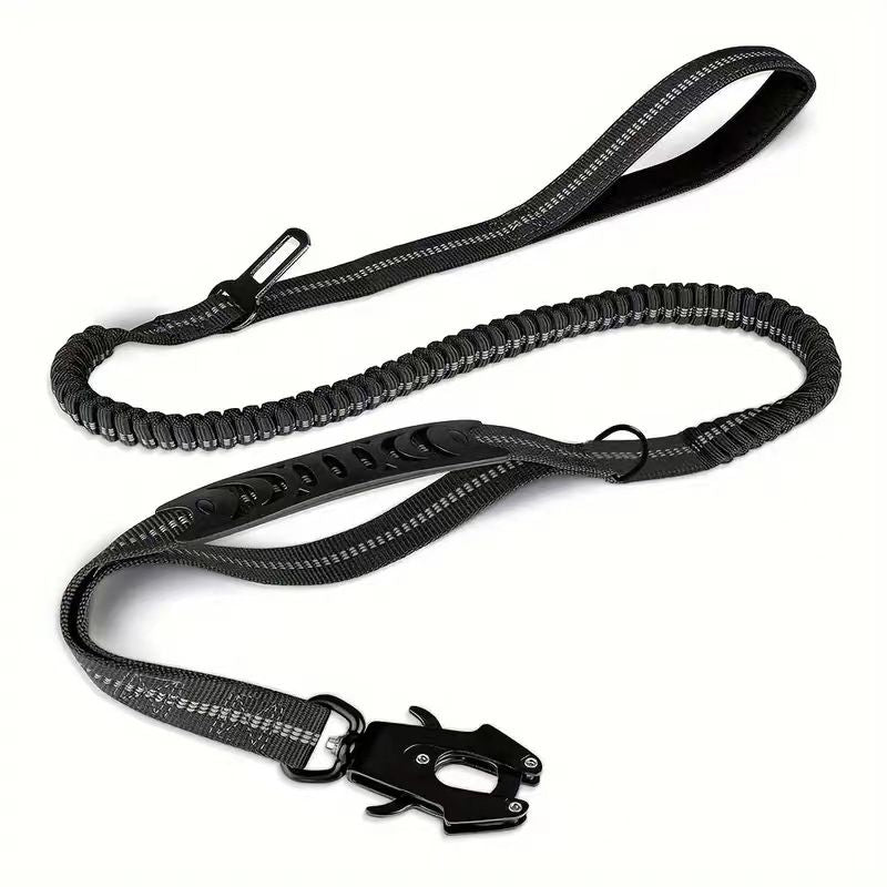 Tactical Heavy Duty Dog Leash with Frog Clip, Shock Absorbing Bungee Nylon Dog Lead, Dual Comfort Handles for Large Dogs Outdoor Walking, Black