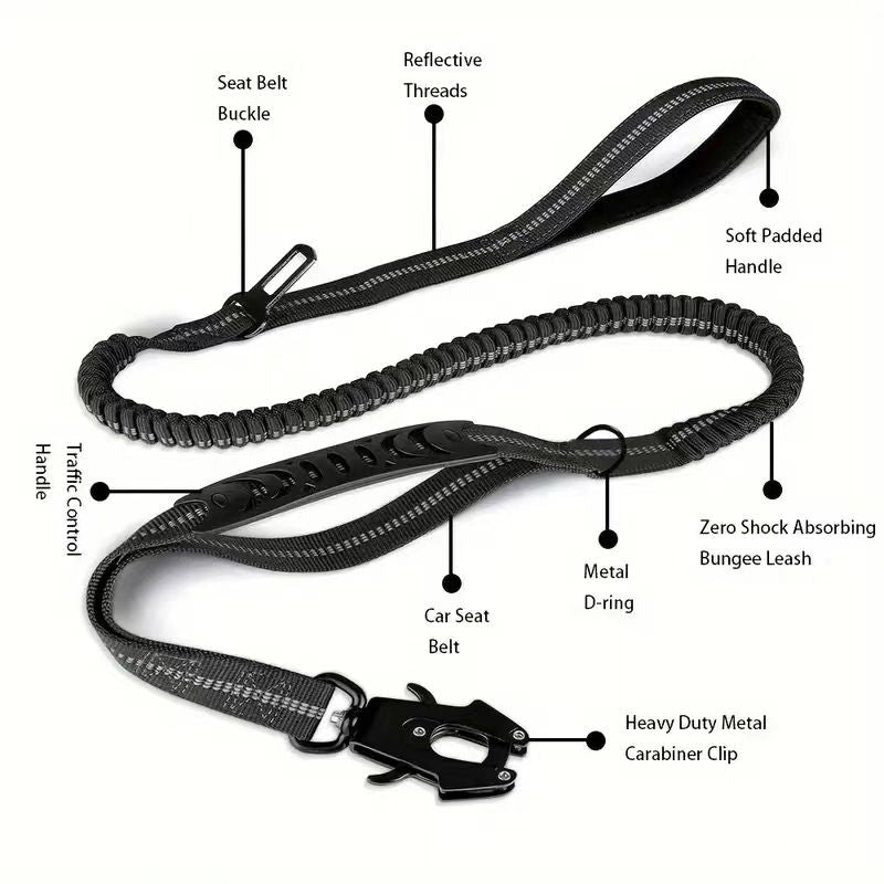 Tactical Heavy Duty Dog Leash with Frog Clip, Shock Absorbing Bungee Nylon Dog Lead, Dual Comfort Handles for Large Dogs Outdoor Walking, Red