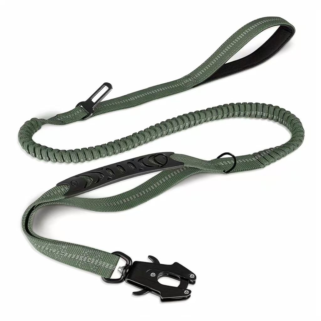 Tactical Heavy Duty Dog Leash with Frog Clip, Shock Absorbing Bungee Nylon Dog Lead, Dual Comfort Handles for Large Dogs Outdoor Walking, Army Green