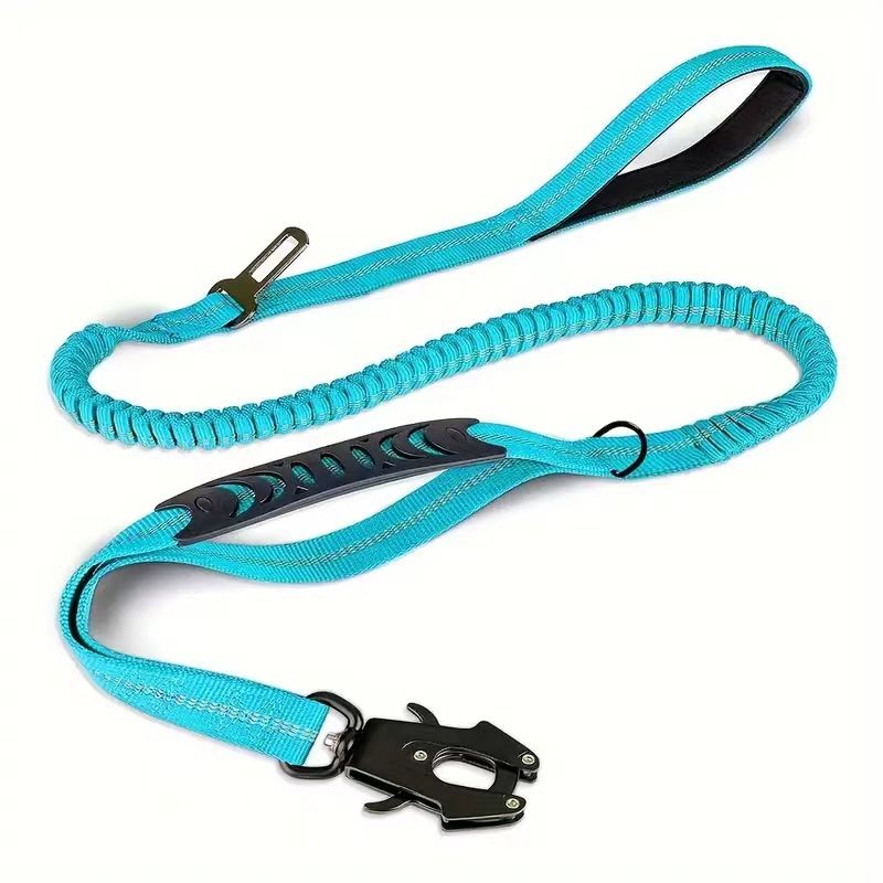 Tactical Heavy Duty Dog Leash with Frog Clip, Shock Absorbing Bungee Nylon Dog Lead, Dual Comfort Handles for Large Dogs Outdoor Walking, Sky Blue