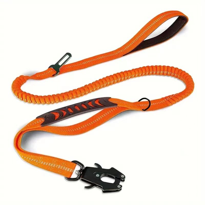 Tactical Heavy Duty Dog Leash with Frog Clip, Shock Absorbing Bungee Nylon Dog Lead, Dual Comfort Handles for Large Dogs Outdoor Walking, Orange