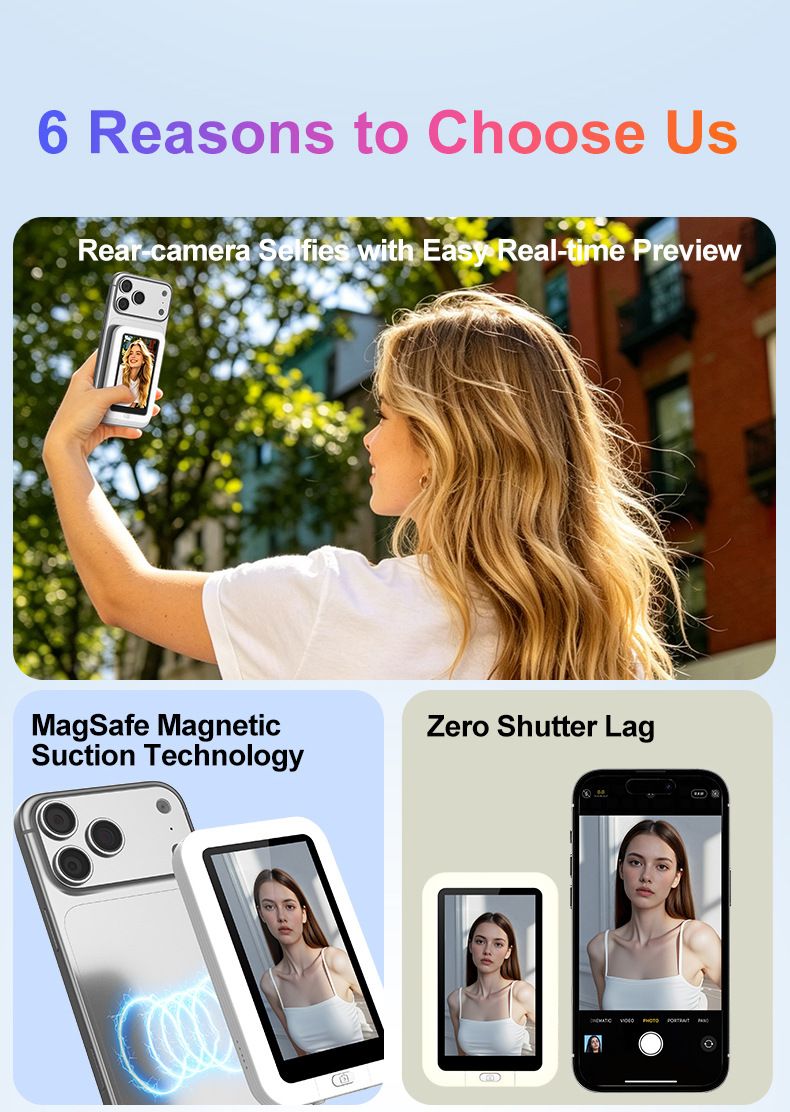Blue New Phone Selfie Screen Mirroring Display with Built-in Fill Light, Touch Screen Selfie Monitor for Mobile Phone