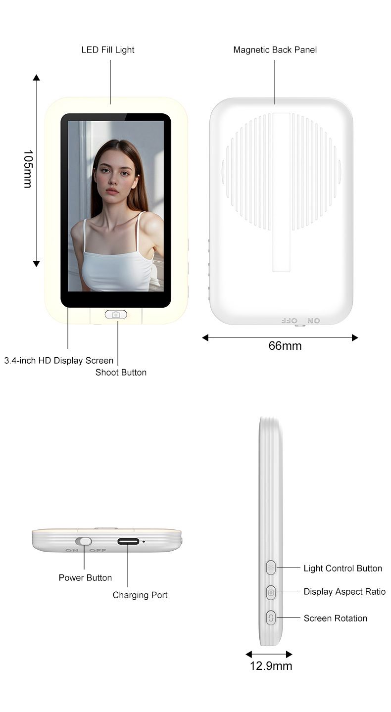 Blue New Phone Selfie Screen Mirroring Display with Built-in Fill Light, Touch Screen Selfie Monitor for Mobile Phone