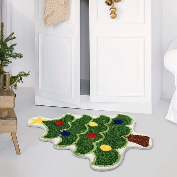 Christmas Tree Shaped Faux Cashmere Bath Rug, Festive Non‑Slip Home Floor Mat for Living Room
