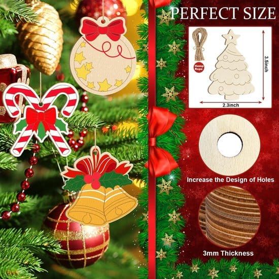 40Pcs DIY Wooden Christmas Ornaments, Unfinished Wood Baubles for Xmas Tree Party Decorations, Christmas Gift