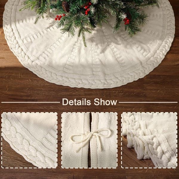 48 Inch Knitted Christmas Tree Skirt, Cable Knit Cream White Tree Skirt for 7.5ft Tree, Vintage Farmhouse Xmas Decoration