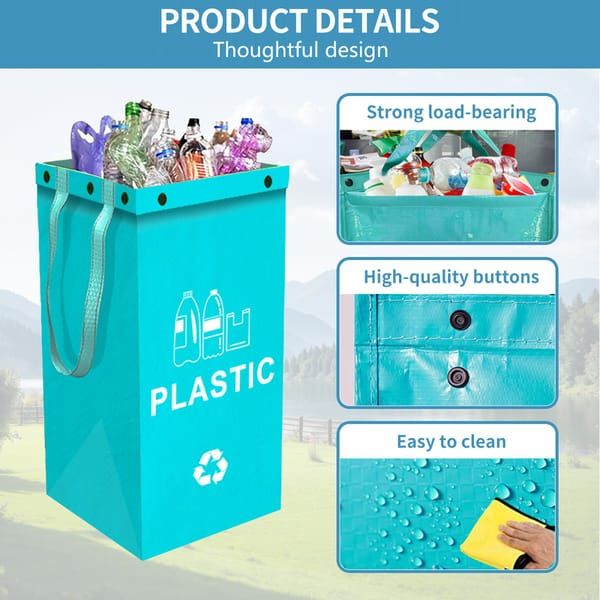 Collapsible Recycling Bags 40L, Waterproof Reusable Laminated Waste Sorting Bins with Carry Handles, Cyan Plastic & Dark Green Paper 2‑Pack for Home Indoor Kitchen Recycling