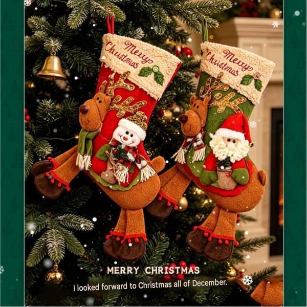Snowman Riding Reindeer Christmas Stocking, Large Plush Hanging Gift Bag, Xmas Fireplace Mantel & Party Decoration