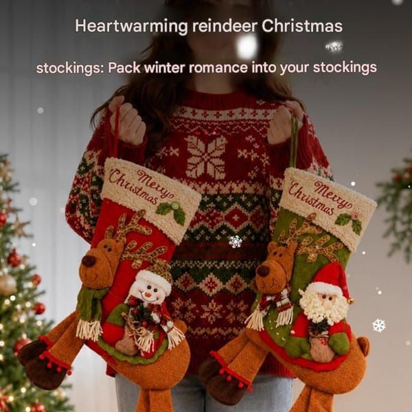 Santa Claus Riding Reindeer Christmas Stocking, Large Plush Hanging Gift Bag, Xmas Fireplace Mantel & Party Decoration