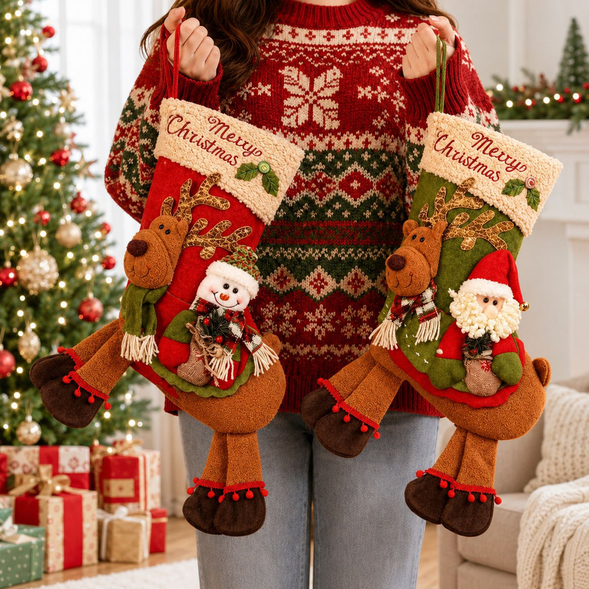 2 Pack Christmas Stockings, Santa & Snowman Riding Reindeer Large Plush Hanging Gift Bags, Xmas Fireplace Mantel & Party Decorations